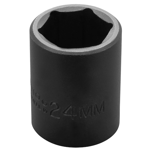 PROTO J7424M 24mm black impact socket, cylindrical shape, side angle on white background.