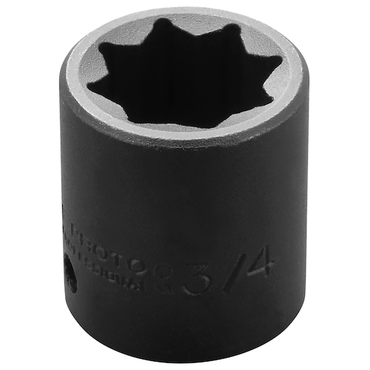 PROTO J7424S black 12-point 3/4 inch impact socket, side angle, on white background.