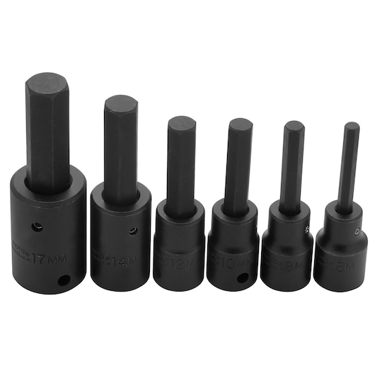 PROTO J74252 hex bit socket set, six black hex sockets of varying sizes, product on white background, front angle.