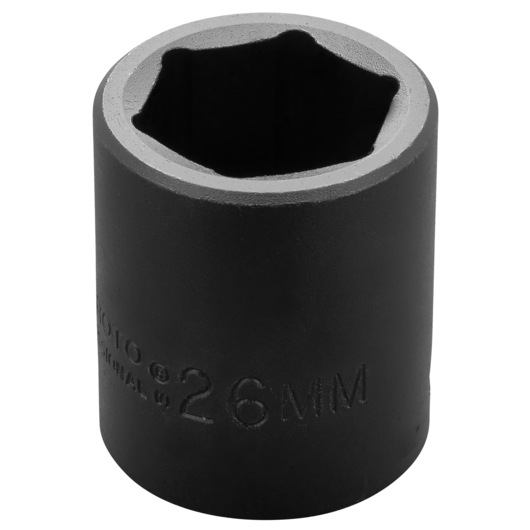 PROTO J7426M black 26mm impact socket, front angle on white background, product text engraved.