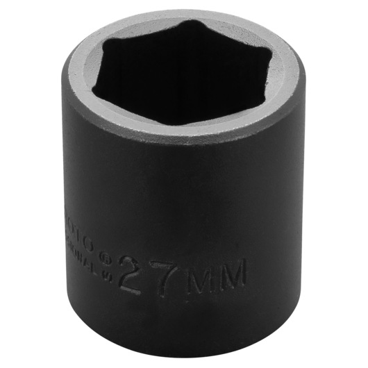 PROTO J7427M black 27mm impact socket, cylindrical shape, close-up photo, product on white background.