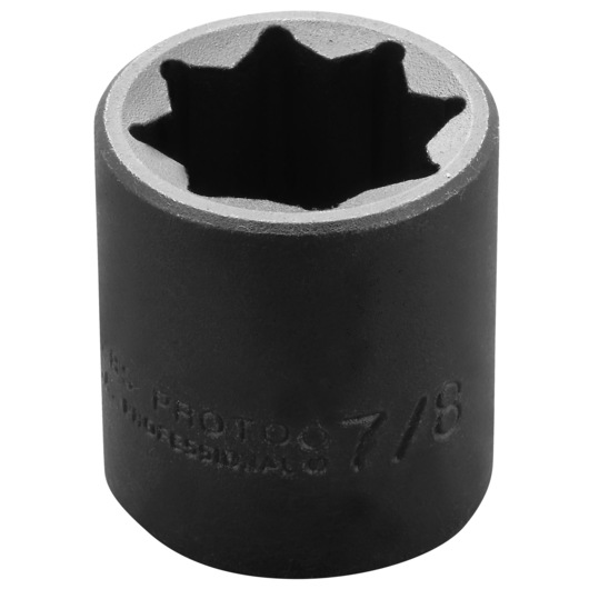 PROTO J7428S black six-point impact socket, 7/8 inch, front angle on white background.