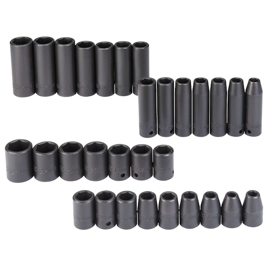 PROTO J74306 socket set, multiple black sockets in various sizes, arranged in rows, white background, front angle.