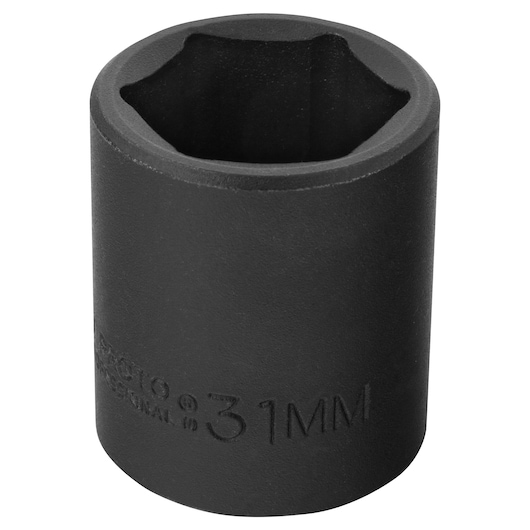 PROTO J7431M black 31mm impact socket, cylindrical design, top angle on white background.