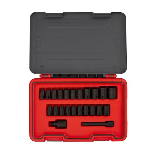 PROTO J74323IM socket set in black and red case, sockets and attachments arranged in molded tray, top view.