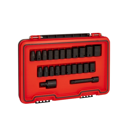 PROTO J74323IM socket set in black with multiple pieces in a red hard plastic case, front angle on white background.