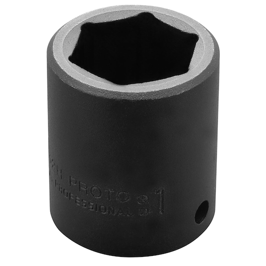 PROTO J7432H black six-point impact socket, cylindrical, front angle on white background.