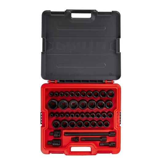 PROTO J74344IM socket set with black sockets and accessories in a red hard case, top-down view.