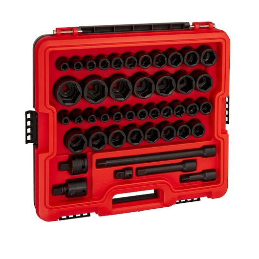 PROTO J74344IM socket set with multiple sockets and accessories in a red hard plastic carrying case, angled view.
