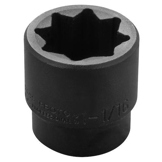 PROTO J7434S black six-point impact socket, side angle on white background.