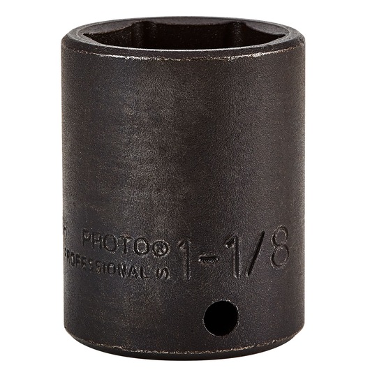 PROTO J7436H black impact socket, 6-point, 1-1/8 inch, photography, front angle on white background.