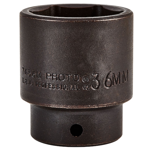 PROTO 36mm impact socket SKU J7436M, black steel, product side angle on white background.