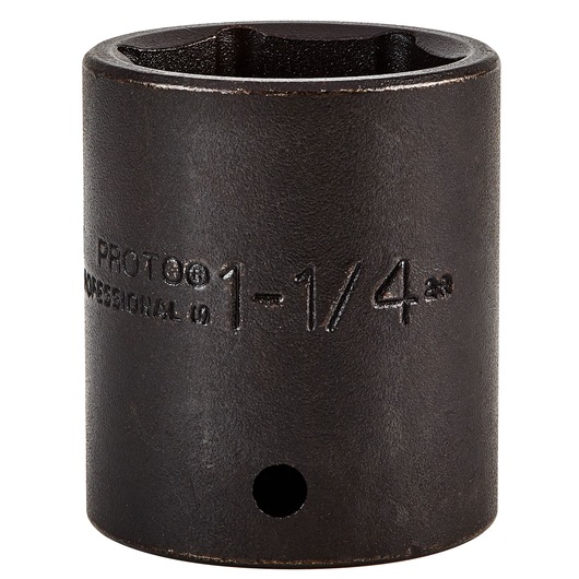 PROTO J7440H black 1-1/4 inch impact socket, cylindrical shape, clear side engraving, front angle, white background.