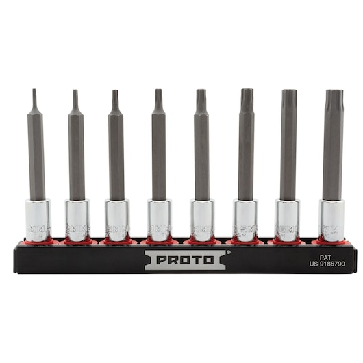 PROTO J7440R8MM hex bit socket set of 8 pieces in a holder, shown front view on white background.