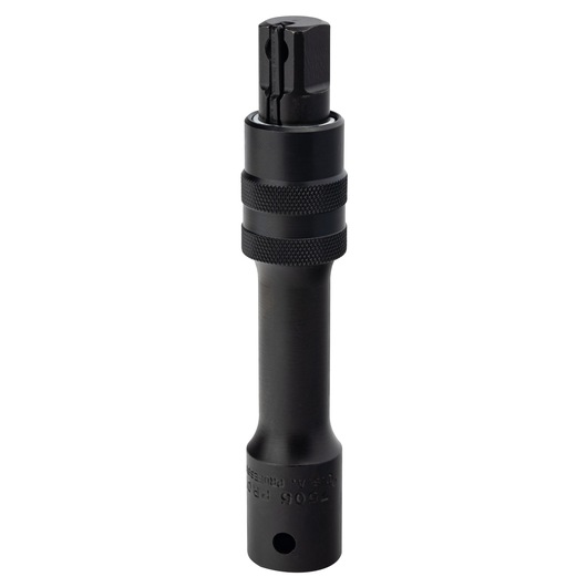 PROTO J7505 black impact socket tool, cylindrical shape, textured grip, front angle on white background.
