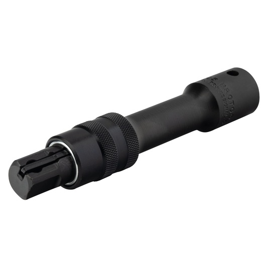 PROTO J7505 black impact socket adapter with knurled grip, angled view on white background.