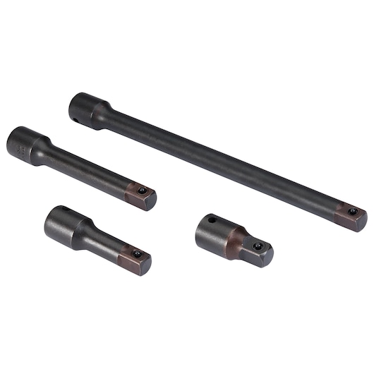 PROTO J7515A set of four black steel extension bars for sockets, shown on white background, photography set angle.