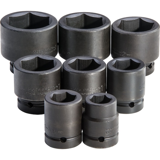 PROTO J76103 black impact socket set, eight pieces, front angle on white background.