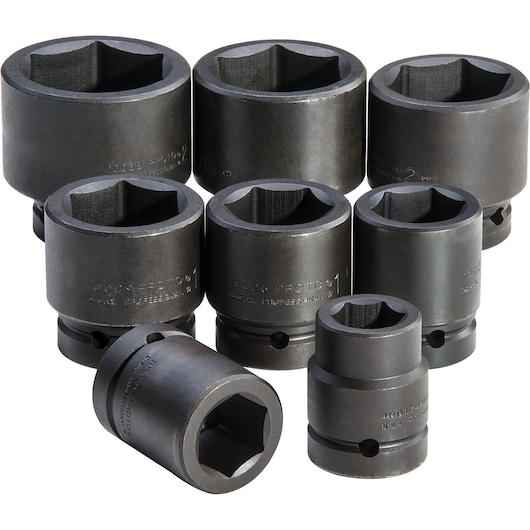 PROTO J76103 set of black impact sockets arranged upright and angled on a white background, detailed hex openings visible.