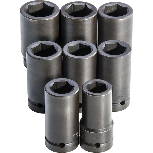 PROTO J76104 set of nine deep impact sockets, black finish, arranged upright, photography on white background.