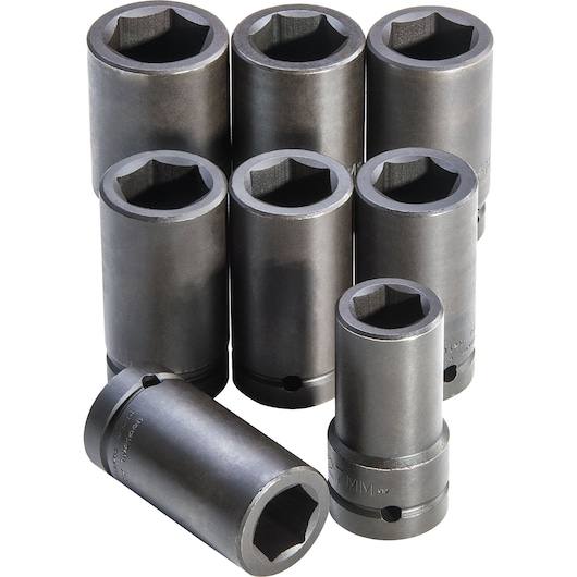 PROTO J76104 deep impact socket set, seven black hex sockets, angled front view on white background.