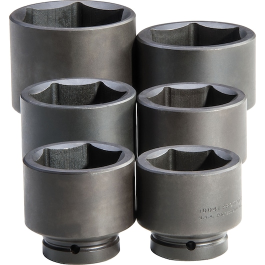 PROTO J76106 impact socket set, six large dark gray sockets, front angle on white background.
