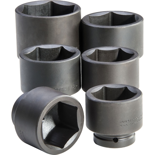 PROTO J76106 large black impact socket set, six pieces, side angle on white background.
