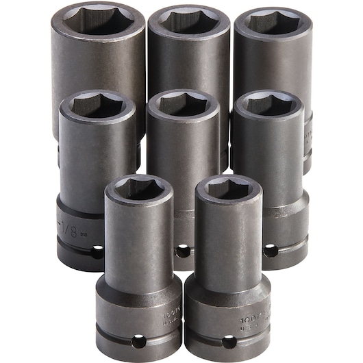 PROTO J76108 impact socket set, eight black sockets standing upright, front angle, white background.