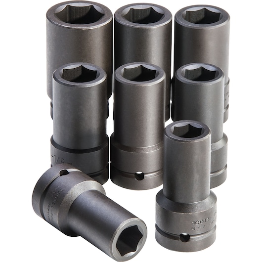PROTO J76108 set of eight deep impact sockets, dark metal finish, upright and angled on white background.
