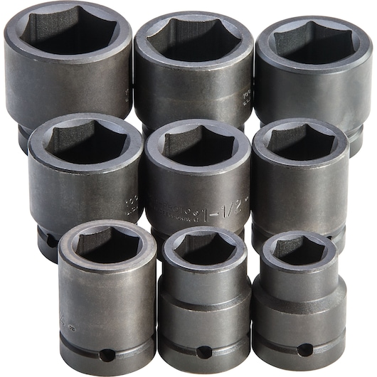 PROTO J76109 black impact socket set, nine large sockets, square drive, front view on white background.
