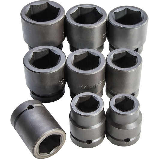 PROTO J76109 impact socket set, matte black, photography, top angle, nine pieces on white background.