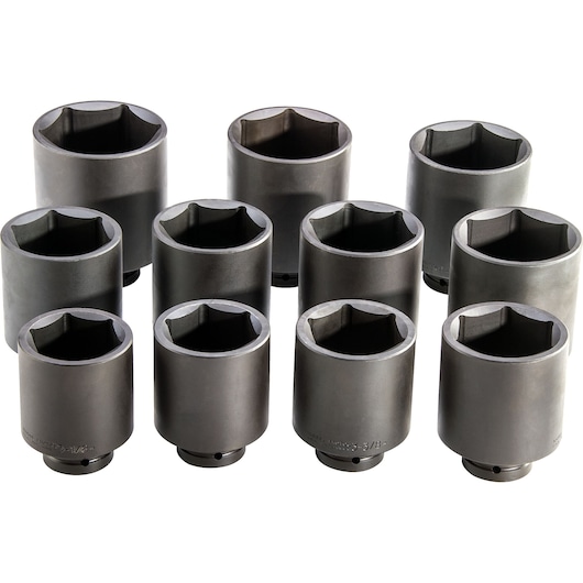 PROTO J76111 socket set, 10 large black impact sockets arranged in rows, front angle, with white background.