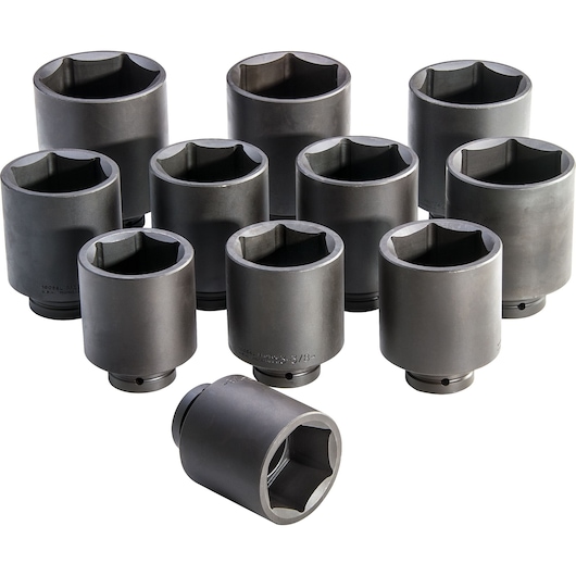 PROTO J76111 impact socket set, eleven black hexagonal sockets arranged on white background, front angle.
