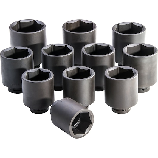 PROTO J76111 impact socket set, 11-piece, black finish, shown from front angle on white background.
