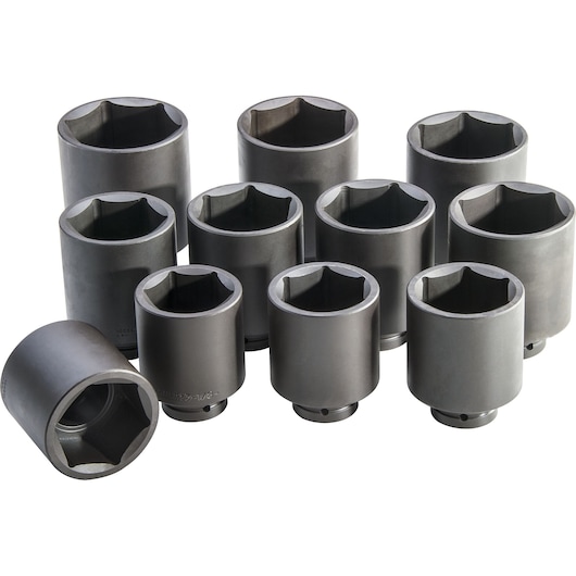 PROTO J76111 set of eleven large, black, six-point impact sockets on white background, front angle.