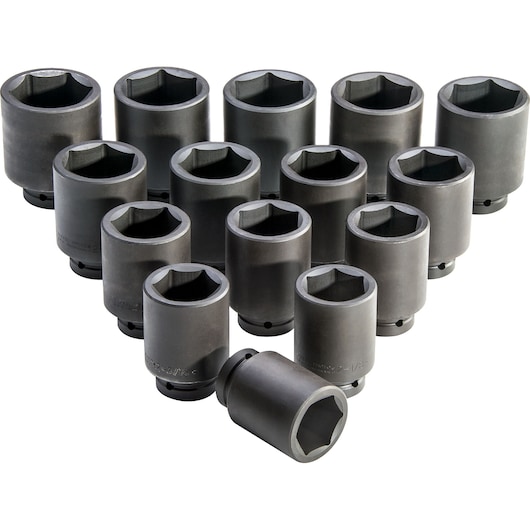 PROTO J76115 impact socket set, black finish, arranged on white background, photo angle from front.