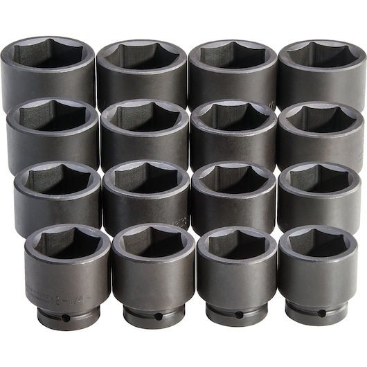 PROTO J76116 impact socket set, 16 black sockets, front angle on white background.