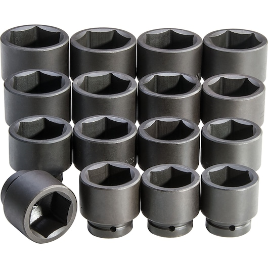 Photo of PROTO J76116 impact socket set, 15-piece, black finish, shown from above on white background.