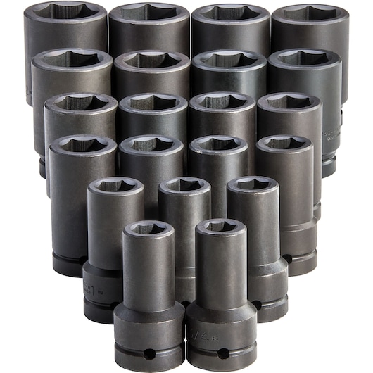 PROTO J76121 deep impact socket set, dark steel finish, assorted sizes, front angle on white background.