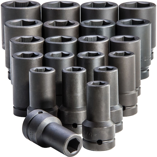 PROTO J76121 set of black impact socket wrenches arranged upright, hexagonal openings visible, white background.