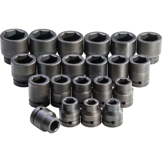 PROTO J76122 socket set, 20-piece, dark steel finish, hex drive sockets, front angle photo on white background.