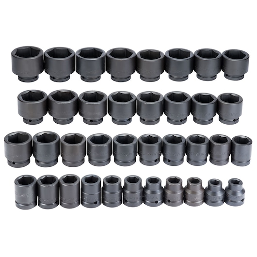 PROTO J76137 socket set, 32-piece, impact sockets in various sizes, arranged in rows, white background, front angle.