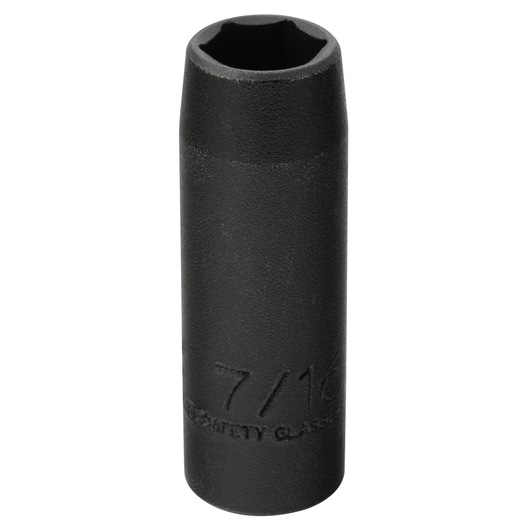 PROTO J7714HT black impact socket, 7/16-inch size, photography, front angle on white background.