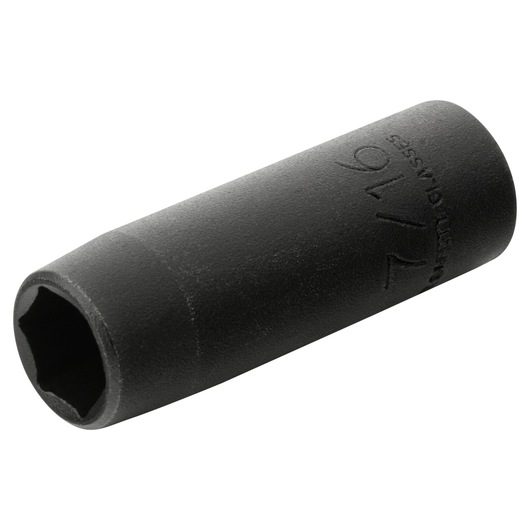 PROTO J7714HT black deep impact socket, side angle, hex drive visible, photography on white background.