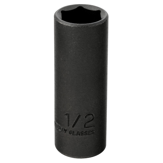 PROTO J7716HT black deep impact socket, 1/2 inch, front angle, photography on white background.