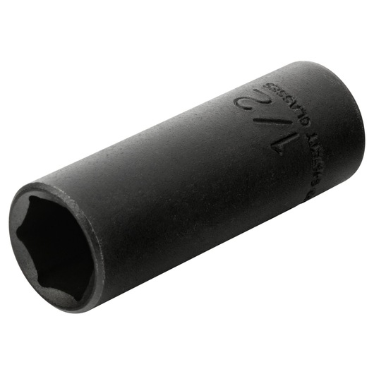 PROTO J7716HT black deep impact socket, 1/2 inch size, side angle on white background.