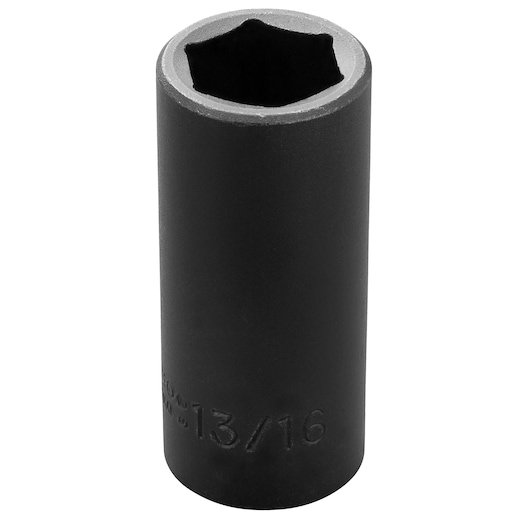 Photo of PROTO J7726H black 13/16 inch deep socket, hex design, shown upright on white background.