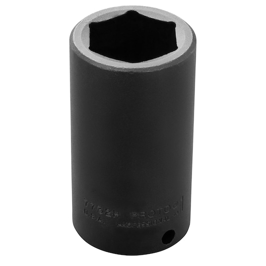 PROTO J7732H black deep impact socket, hex opening, front angle, tool photography.