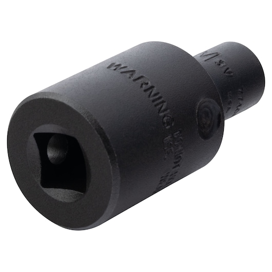PROTO J77408MP black impact socket adapter, cylindrical, side angle on white background.