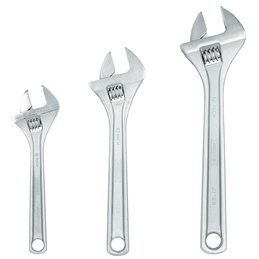 PROTO J795A adjustable wrench set, silver, three sizes displayed upright, white background.